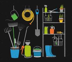 Hand drawn gardening tools and potted plants storing on shelving, standing and hanging beside it on black background. Inside closet or shed for storage of agricultural equipment. illustration. vector