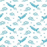Modern seamless pattern with airplane flying in sky. Backdrop with plane ascending among clouds drawn with lines. illustration in lineart style for wallpaper, wrapping paper, textile print. vector