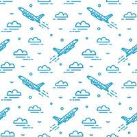 Modern seamless pattern with airplane flying in sky. Backdrop with plane ascending among clouds drawn with lines. illustration in lineart style for wallpaper, wrapping paper, textile print. vector