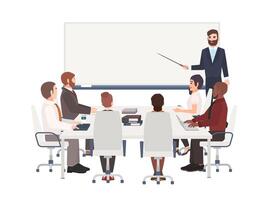 Group of cartoon people dressed in smart clothing sit around table and listen to man with pointer making presentation at board. Corporate business training, whiteboard meeting. illustration. vector