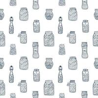 Monochrome seamless pattern with pickled vegetables in glass jars and bottles hand drawn with black contour lines on white background. illustration for wallpaper, backdrop, textile print. vector