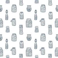 Monochrome seamless pattern with pickled vegetables in glass jars and bottles hand drawn with black contour lines on white background. illustration for wallpaper, backdrop, textile print. vector