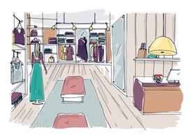 Rough sketch of clothing showroom interior with hangers, shelving, furnishings, mannequin dressed in trendy clothes. Hand drawn fashion boutique or apparel shop. Colored illustration. vector