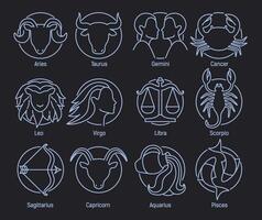 Collection of astrological symbols placed inside round frames drawn with blue contour lines on black background. Bundle of twelve zodiac constellation signs. illustration in lineart style. vector