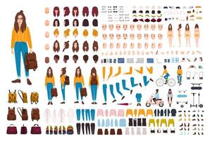 Hipster girl creation kit. Set of flat female cartoon character body parts, facial gestures, hairstyles, trendy clothing, stylish accessories isolated on white background. illustration. vector