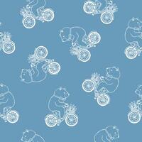 Seamless pattern with cute cartoon Teddy bear wearing bow tie and riding bike with basket full of tulip flowers hand drawn with white lines on blue background. illustration for fabric print. vector