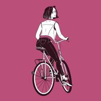 maravilloso joven mujer vistiendo vaqueros, entrenadores y chaleco montando bicicleta. niña vestido en de moda ropa sentado en bicicleta dibujado con negro contorno líneas en rosado antecedentes. espalda vista. ilustración. vector