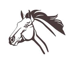 Horse head drawn with contour lines isolated on white background. Realistic outline drawing of face of beautiful farm domestic animal with mane waving in wind. Monochrome illustration. vector