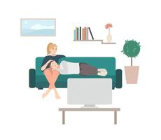 hombre dormido en regazo de mujer sentado en acogedor sofá y acecho televisión o televisión colocar. linda joven Pareja relajante a hogar. par de masculino y hembra dibujos animados caracteres en sofá. ilustración. vector