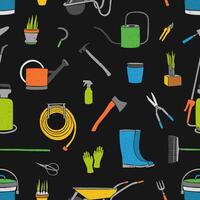 Seamless pattern with hand drawn bright gardening tools, agricultural equipment and potted plants on black background. Colorful illustration for wallpaper, backdrop, wrapping paper. vector