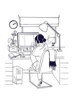 Young woman sitting at computer and working, studying or surfing on internet. Female student preparing for examination at home hand drawn with black contour lines. Monochrome illustration. vector