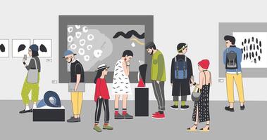 Thoughtful visitors of contemporary art gallery viewing exhibits. Pensive people dressed in stylish clothing looking at paintings and sculptures at exhibition. Colorful cartoon illustration. vector