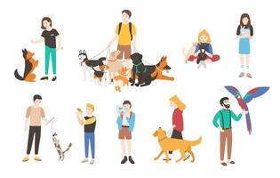 colección de personas con mascotas aislado en blanco antecedentes. conjunto de hombres y mujer participación su Doméstico animales haz de masculino y hembra plano dibujos animados caracteres. vistoso ilustración. vector