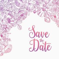 Save The Date card square template decorated with elegant blooming garden flowers, inflorescences, leaves and buds hand drawn with pink contour lines on white background. Natural illustration. vector