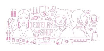 Horizontal banner with fashionable women wearing trendy earrings surrounded by luxury jewelry drawn with pink contour lines on white background. Monochrome illustration for store advertisement. vector