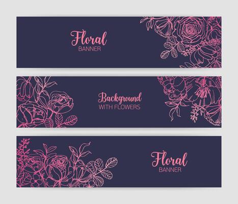 Collection of horizontal floral banners with gorgeous blooming rose flowers and leaves hand drawn with pink contour lines on dark background. Beautiful botanical illustration for advertisement.