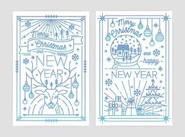 Set of Merry Christmas and Happy New Year festive greeting card or postcard templates with holiday decorations drawn with blue contour lines on white background. illustration in lineart style. vector