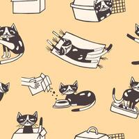 Seamless pattern with funny cat washing itself, eating, sleeping, sitting inside carton box and carrier. Cute cartoon pet animal in various poses hand drawn on yellow background. illustration. vector