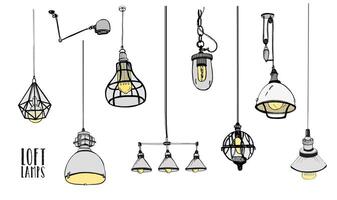 Collection of modern isolated loft lamps, vintage, retro style light bulbs. Hand drawn illustration. vector