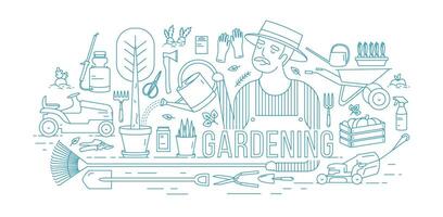 Gardener watering tree growing in pot surrounded by gardening and agricultural equipment, tools, garden plants drawn with blue contour lines on white background. illustration in lineart style. vector