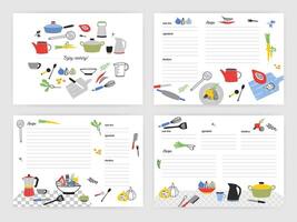 Collection of card templates for making notes about preparation of food. Blank recipe book or cookbook pages decorated with colorful kitchen utensils and cooking ingredients. illustration. vector