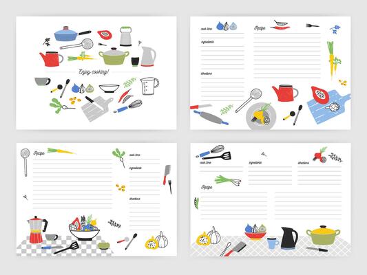 Collection of card templates for making notes about preparation of food. Blank recipe book or cookbook pages decorated with colorful kitchen utensils and cooking ingredients. illustration.