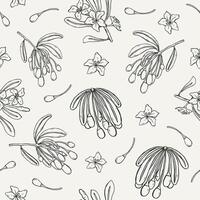 Natural seamless pattern with Goji berries, leaves and flowers hand drawn with contour lines on light background. Monochrome illustration for fabric print, wallpaper, wrapping paper, backdrop. vector