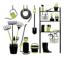 Hand drawn gardening tools storing on shelving, standing and hanging beside it on white background. Organized storage of agricultural equipment. illustration in green and black colors. vector
