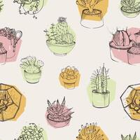 Seamless pattern with succulents growing in pots hand drawn with contour lines and colorful stains on light background. Backdrop with decorative desert houseplant, indoor plant. illustration. vector