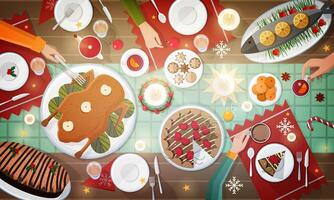 Christmas festive dinner. Delicious traditional holiday meals lying on plates and hands of people eating them. Decorated table with tasty dishes, top view. Colorful cartoon illustration. vector