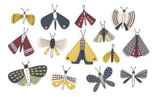 Set of dark colored doodle moths isolated on white background. Nights butterflies hand drawn collection. Colorful illustration. vector