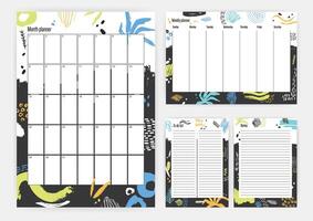 Set of month and weekly planner templates with colorful paint blots and traces on background, week starting from Sunday, to do list and place for notes. Effective planning. illustration. vector