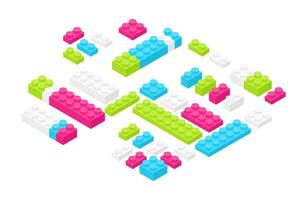 Isometric colorful plastic construction details, parts or pieces isolated on white background. Bright interlocking toy bricks or building blocks. Constructing set for children. illustration. vector