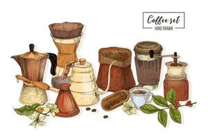 Bundle of tools for coffee brewing. Colorful hand drawn illustration style. vector