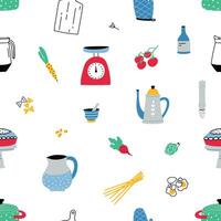 Seamless pattern with colorful hand drawn kitchen utensils and equipment on white background. Backdrop with tools for home cooking or preparation of homemade meals. illustration for wallpaper. vector