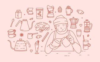 Coffee banner with friendly barista. Line art illustration. vector