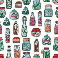 Colorful seamless pattern with pickled vegetables and spices in glass jars and bottles hand drawn on white background. illustration for wallpaper, backdrop, textile print, wrapping paper. vector