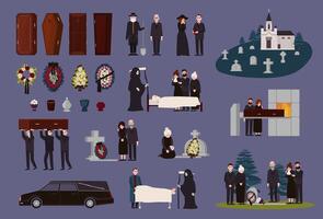 Funeral service and ceremony collection. Grieving people dressed in black mourning clothes, graves, coffins, funerary urns, hearse, cemetery, burial and cremation procedures. illustration. vector