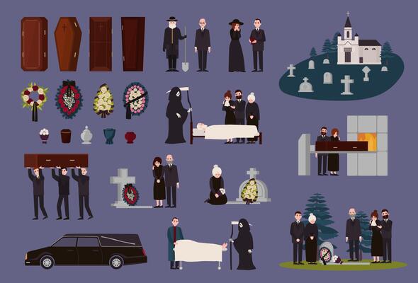 Funeral service and ceremony collection. Grieving people dressed in black mourning clothes, graves, coffins, funerary urns, hearse, cemetery, burial and cremation procedures. illustration.