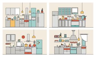 Collection of kitchens furnished with modern furniture, household appliances, cooking facilities and utensils. Set of modern home interiors drawn in line art style. Colorful illustration vector
