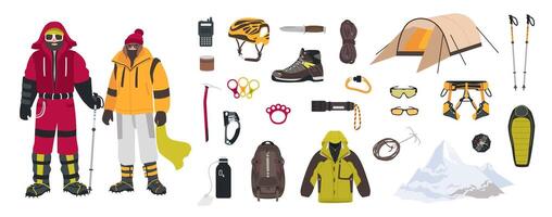 Bundle of mountaineering and touristic equipment, tools for mountain climbing, clothing, male and female mountaineers or climbers isolated on white background. Colorful cartoon illustration. vector