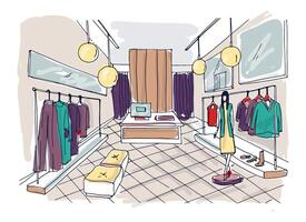 Freehand drawing of clothing boutique interior with hanging racks, furnishings, mannequin dressed in stylish clothes. Hand drawn fashion store or trendy apparel shop. Colorful illustration. vector