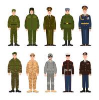 colección de ruso y americano militar personas o personal vestido en varios uniforme. haz de soldados de Rusia y EE.UU. conjunto de plano dibujos animados caracteres. moderno vistoso ilustración. vector