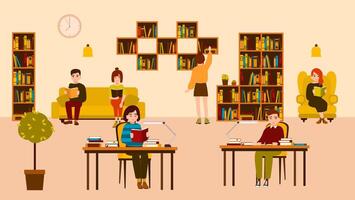 Smiling people reading and studying at public library. Cute flat cartoon men and women sitting at desks and on sofa surrounded by shelves and racks with books. Modern colorful illustration vector