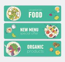 Set of bright colored horizontal banner templates with vegan products and meals lying on plates hand drawn on green background. Special offers and deals. illustration for veggie restaurant ad. vector