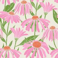 Botanical seamless pattern with gorgeous echinacea flowers, stems and leaves on light background. Backdrop with pink flowering plants hand drawn in vintage style. Natural illustration. vector