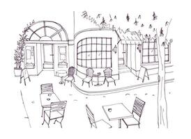 monocromo áspero bosquejo de europeo al aire libre o acera cafetería, restaurante o cafetería con mesas y sillas en pie en ciudad calle. ilustración mano dibujado en negro y blanco colores. vector