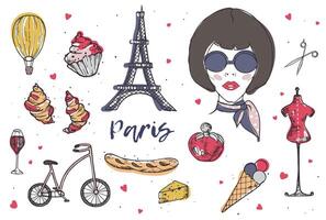 Collection of Paris and France elements - fashionable Parisian woman, perfume, french cheese, baguette, Eiffel Tower, glass of red wine hand drawn in doodle style and isolated on white background. vector