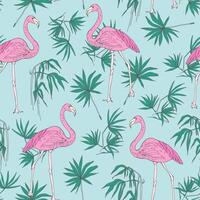 Beautiful tropical seamless pattern with pink flamingo birds and green jungle palm foliage hand drawn on blue background. illustration for backdrop, wallpaper, fabric print, wrapping paper. vector