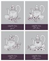 Bundle of gorgeous outline drawings of teapot, cup, green tea leaves, flowers, lemon, mint and jasmine. Set of delicious naturally flavored beverages. illustration in retro etching style. vector